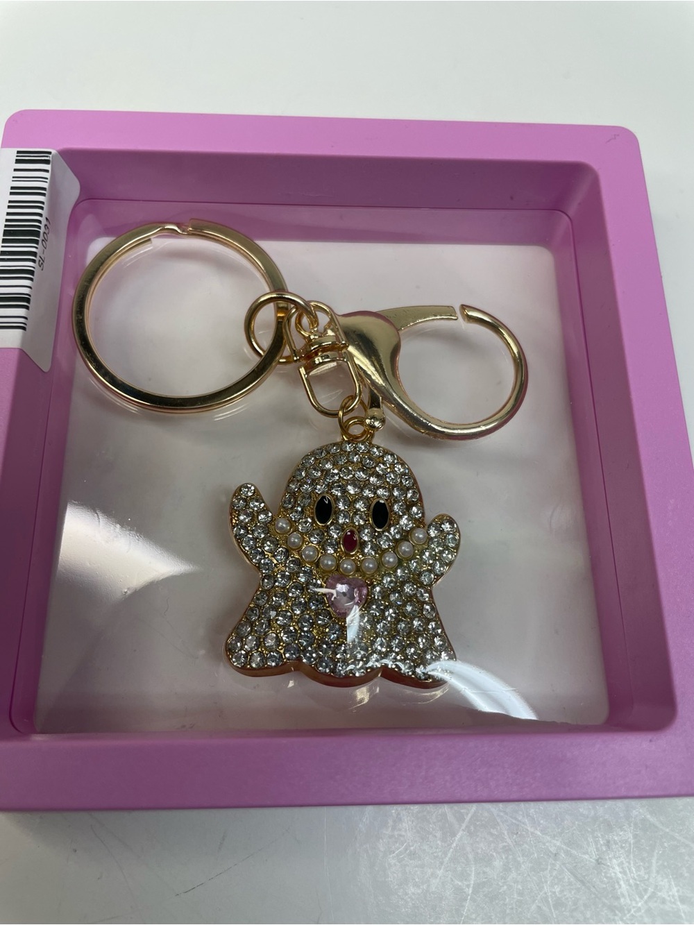 Gold Crystal Ghost Bag Charm with Pink Heart Accent